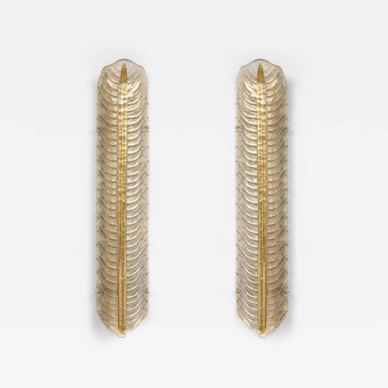 Large Pair of Murano Glass Leaf Wall Sconces Infused 24k Gold Italy 38 Tall