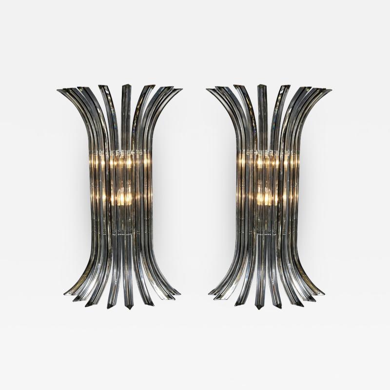 Large Pair of Murano Glass Rod Sconces in Clear with Black Vein Italy 2019