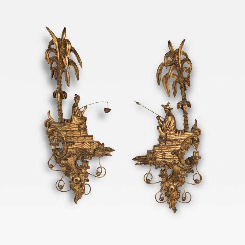 Large Pair of Vintage Carved and Gilt Sconces Probably Italy circa 1950