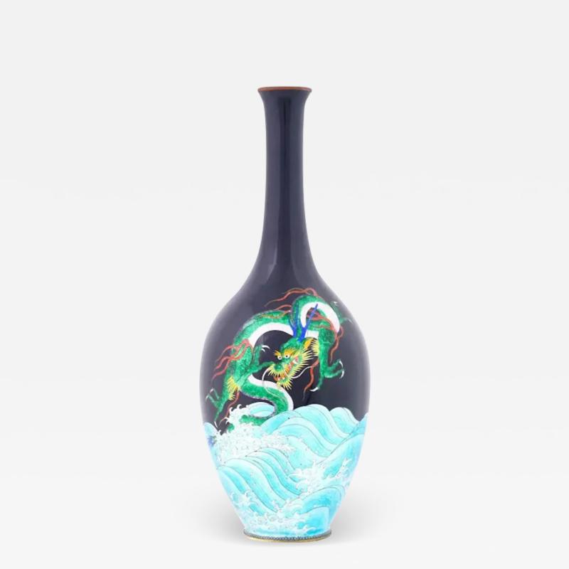 Large Rare Japanese Cloisonne Meiji Period Green Dragon Swimming Over The Sea