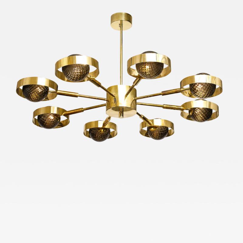 Large Round Brass Chandelier with Bronze Smoked Murano Glass Globes Italy 2025