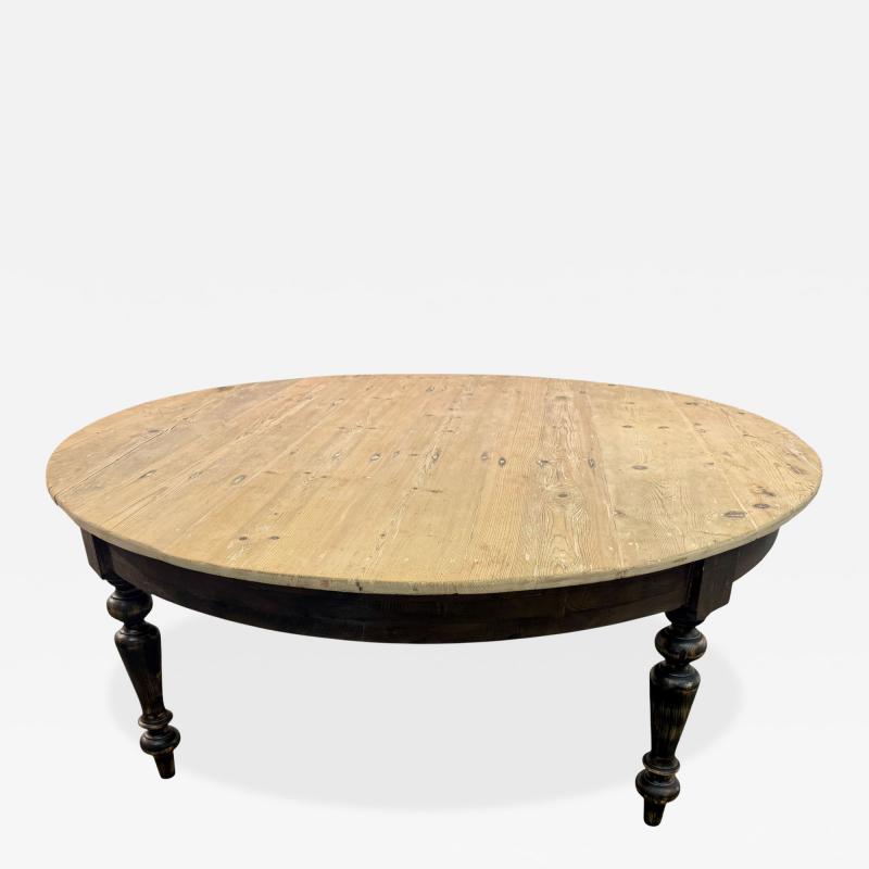 Large Rustic Round Pine Dining Table with Ebonized Turned Legs