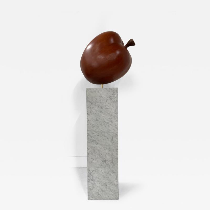 Large Scale Teak Apple Sculpture on Carrara Marble Pedestal