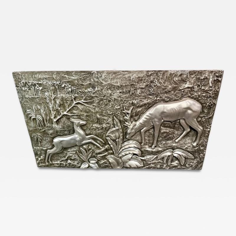 Large Silvered Plaster Wildlife Relief with Deer in a Forest Landscape