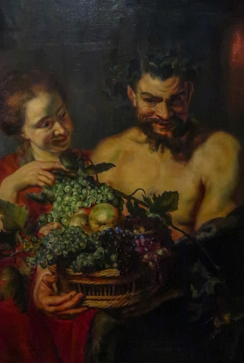 Large Study After Peter Paul Rubens 1597 1640 Satyr Maid w Fruit 19thc