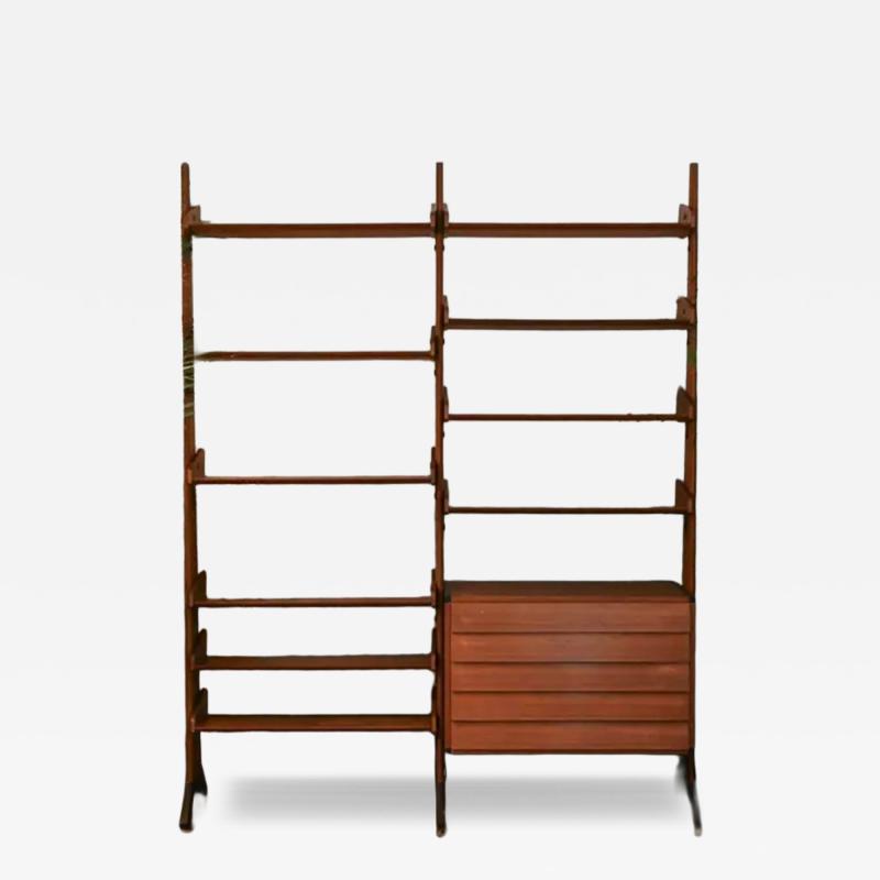 Large Teak Bookcase with Shelves Drawers and Brass feet Italy 1960