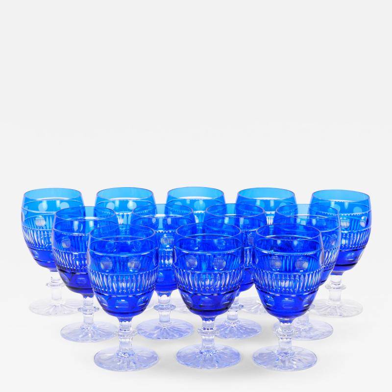 Large Val Saint Lambert Cobalt Blue Crystal Wine and Water Service For 12 People
