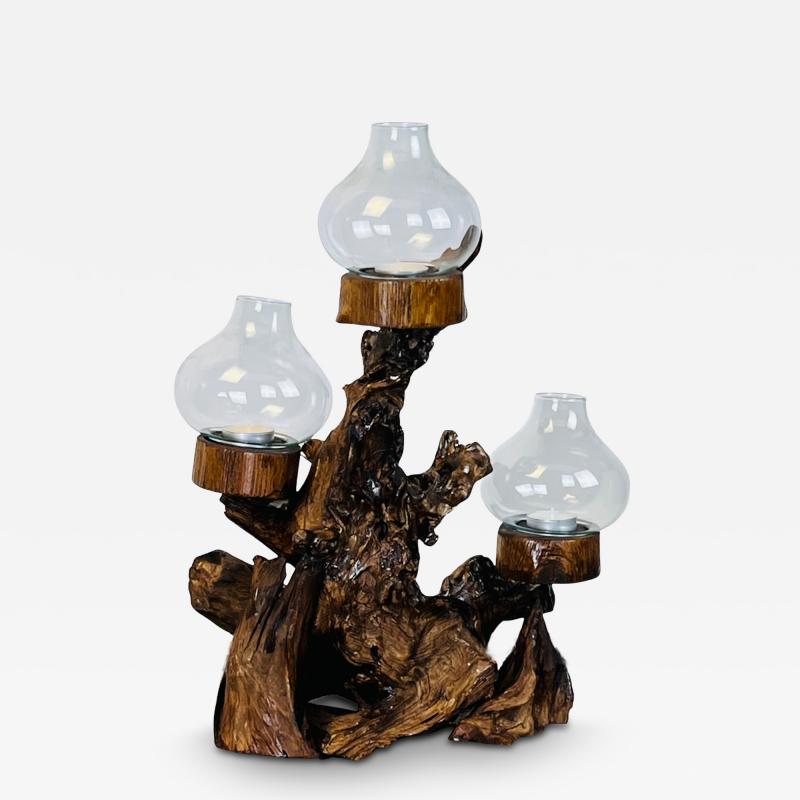 Large Varnished Driftwood and Hurricane Glass Candelabra