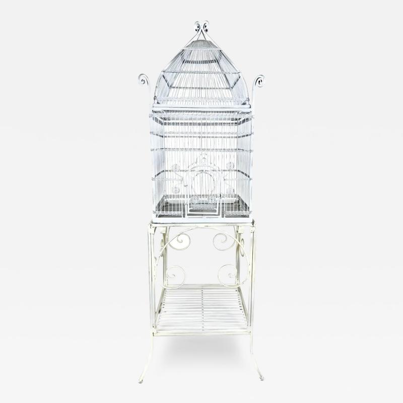 Large Victorian Style Wire Frame White Birdcage with a Shelf 2 Pieces