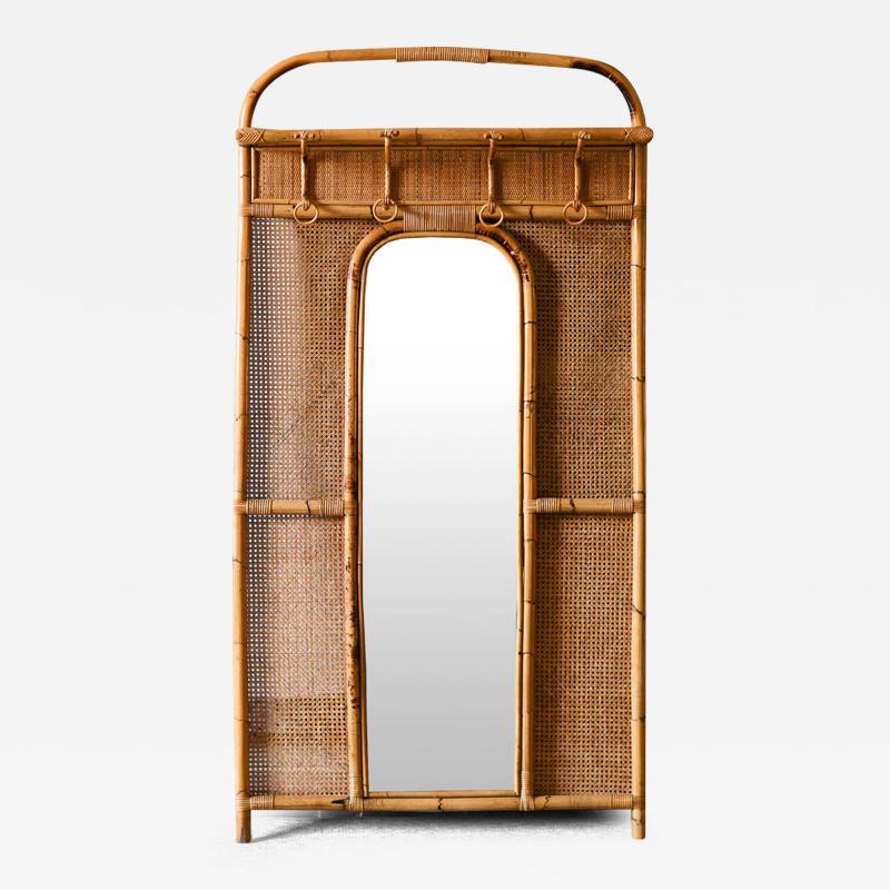 Large Wall Coat Hanger With Mirror In Rattan And Vienna Straw 1980