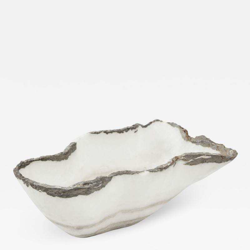 Large White and Gray Hand Carved Raw Edge Onyx Bowl or Centerpiece