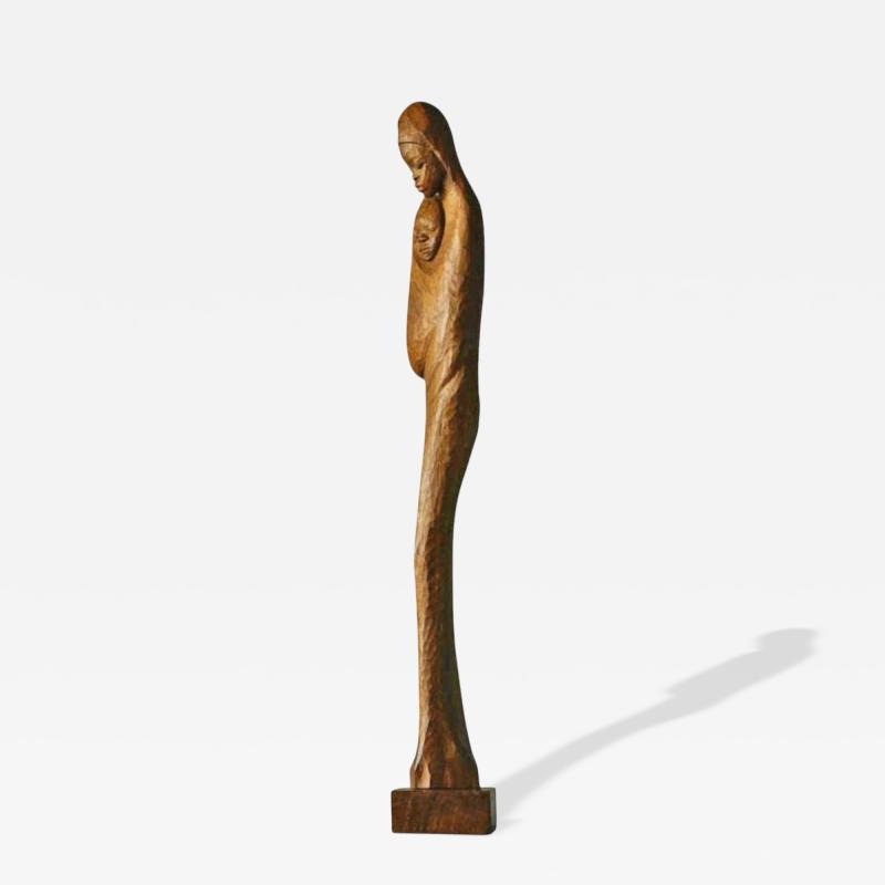 Large Woman and Child Sculpture in Hand Carved Wood Europe Mid 20th Century