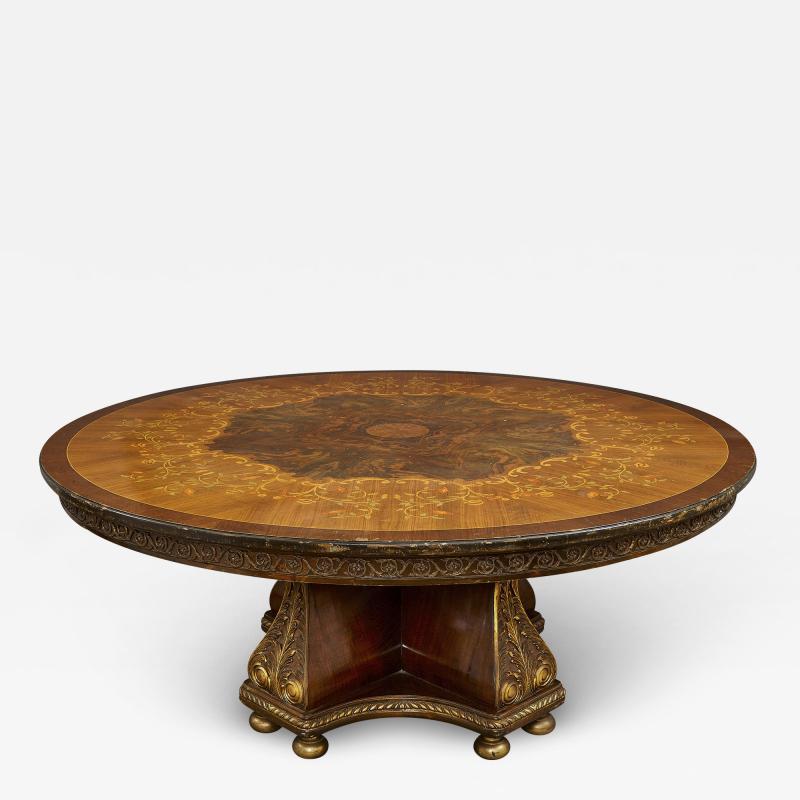 Large circular centre table adorned with gilt bronze and marquetry