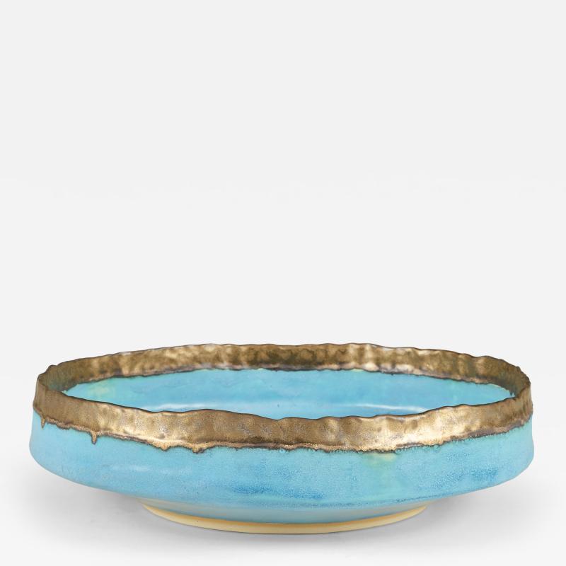 Large decorative ceramic turquoise and gold glazed centrepiece