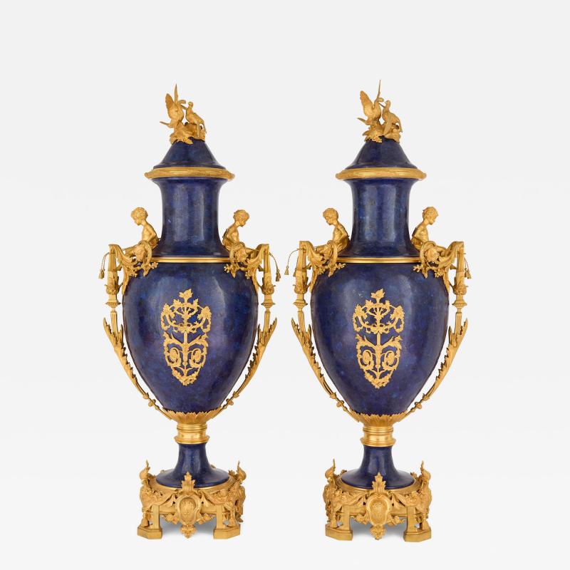 Large pair of French Neoclassical style ormolu and lapis lazuli vases