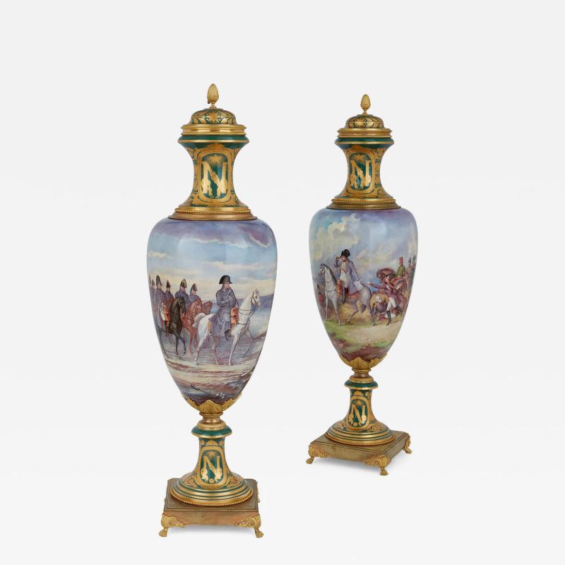 Large pair of S vres style porcelain vases with Napoleonic scenes