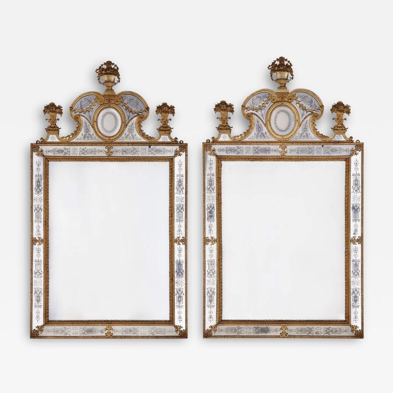 Large pair of Swedish gilt metal and engraved glass mirrors after Precht