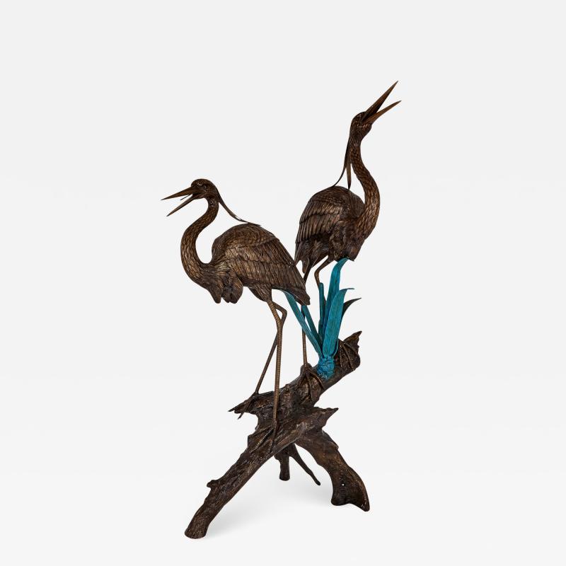 Large patinated bronze fountain with heron sculptures