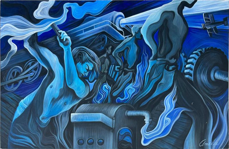 Large scale WPA Style Painting by Chicago Artist Amelia Helper with Locomotive