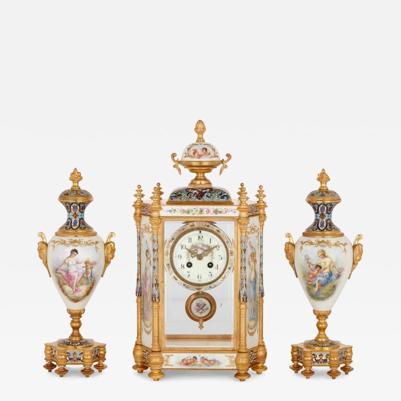 Large three piece porcelain champlev enamel and ormolu mounted clock set