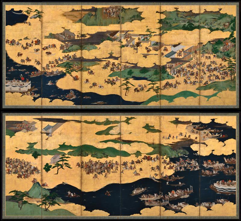 Late 17th Century Japanese Screen Pair Battle of Ichi no tani and Yashima