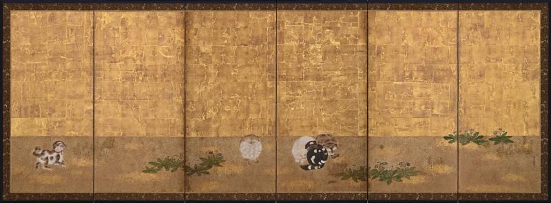 Late 17th Century Japanese Screen Puppy and Kittens on Gold Leaf 