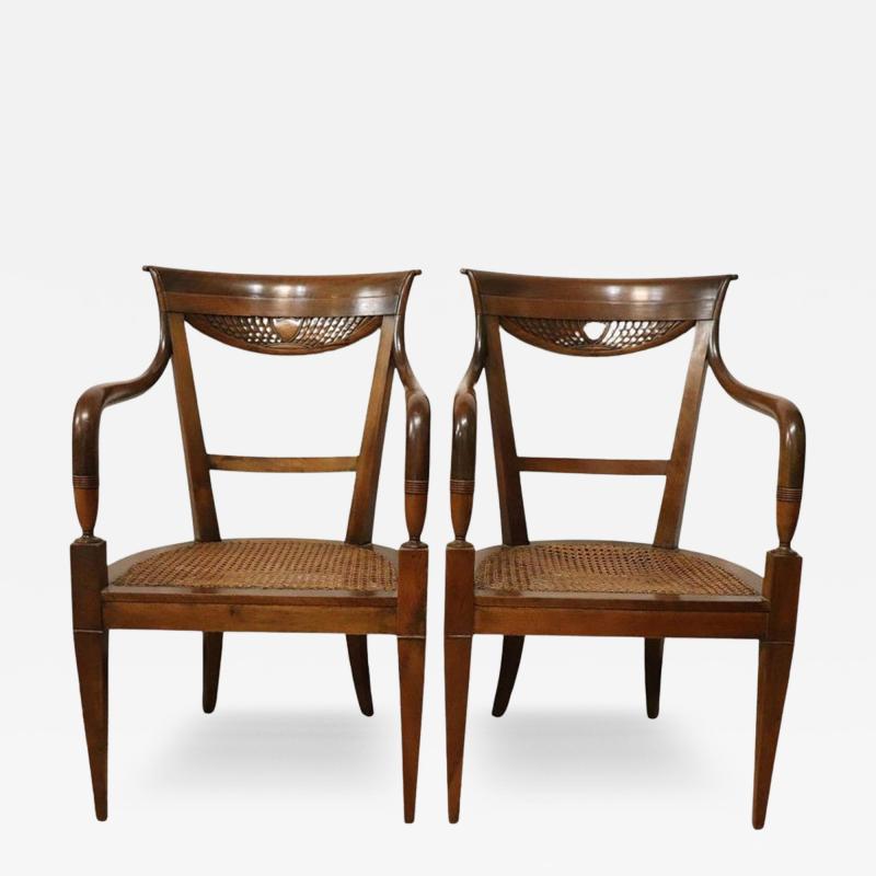 Late 18th Century Italian Directoire Solid Walnut and Vienna Sraw Armchairs