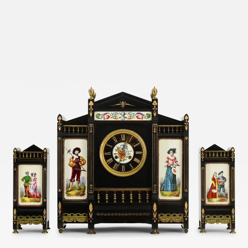 Late 19th Century Antique French Black Marble Hand Painted Clock Garniture Set