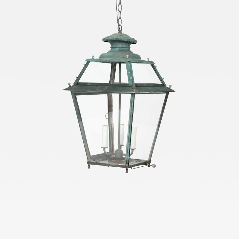 Late 19th Century French Verdigris Green Copper Glass Paneled Lantern