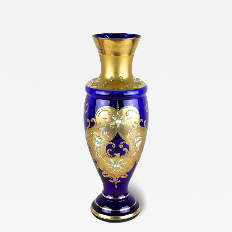 Late 19th Century Gilt Blue Glass Vase With Enamel Paintings CZ ca 1890