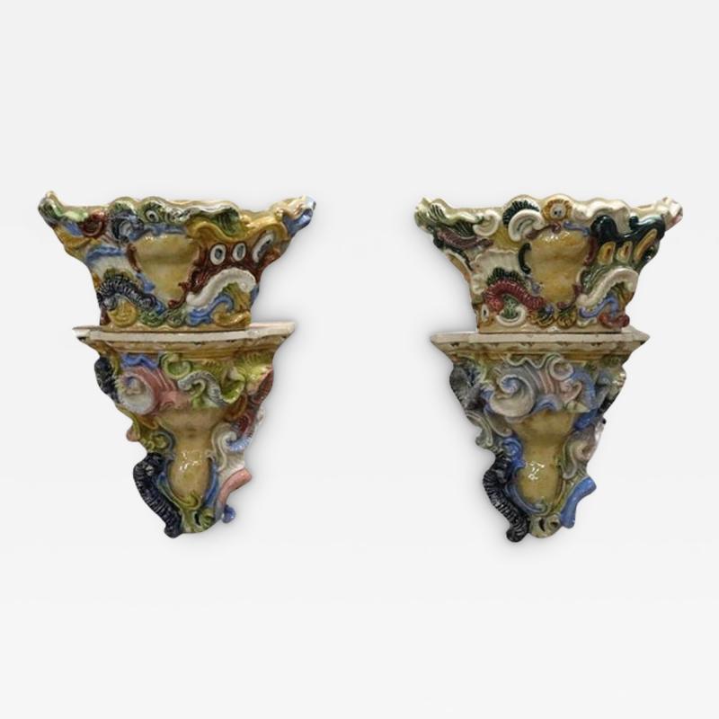 Late 19th Century South Italian Antique Majolica Two Shelves with Vase