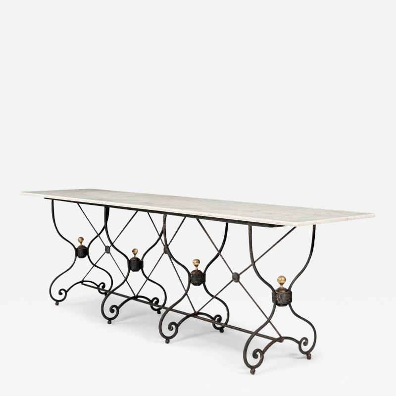 Late 19th Century White Marble Top Table on Scrolled Iron Base