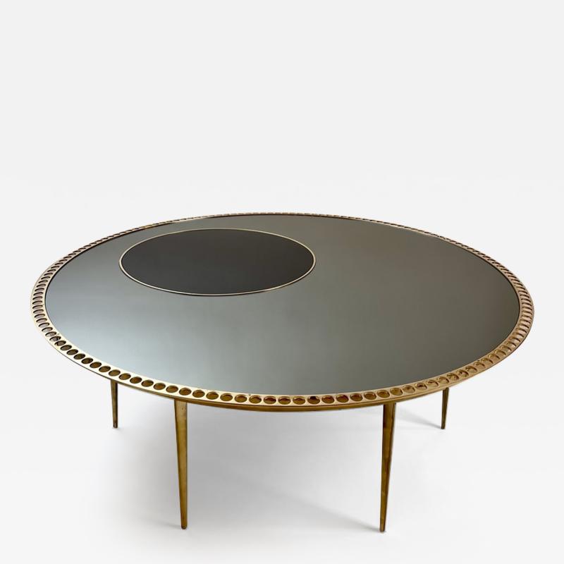 Late 20th Century Brass W Smoked Mirror Black Opaline Glass Round Coffee Table