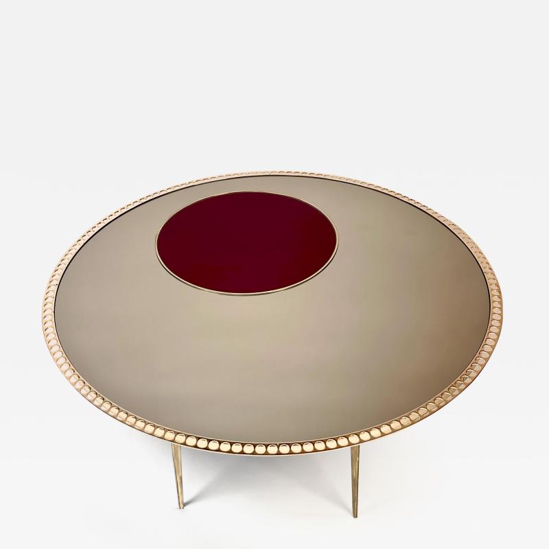Late 20th Century Brass w Bronzed Mirror Red Opaline Glass Round Coffee Table