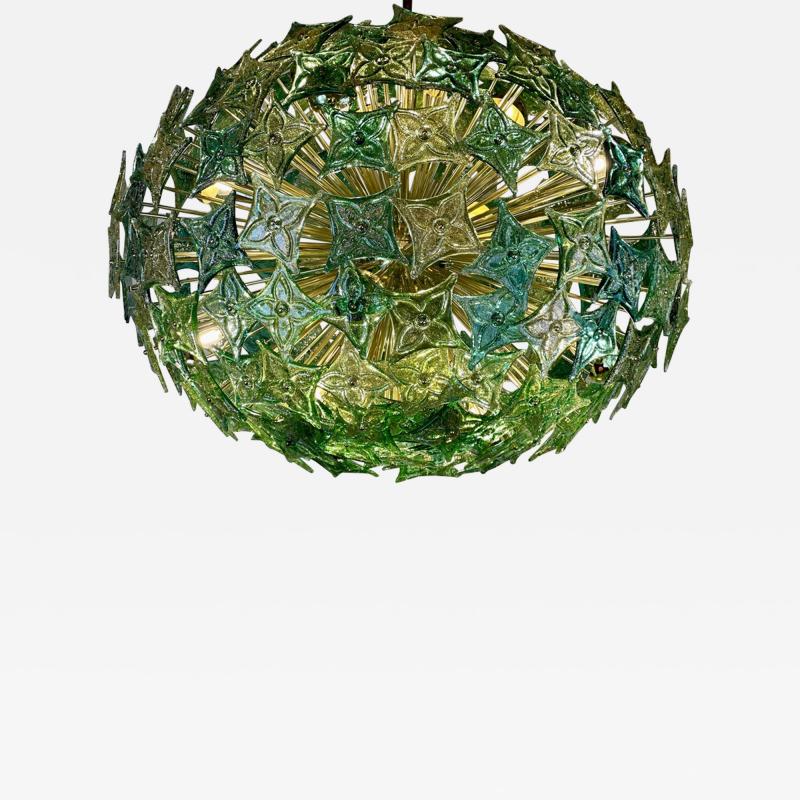 Late 20th Century Green Flowers Murano Art Glass Brass Sputnik Chandelier