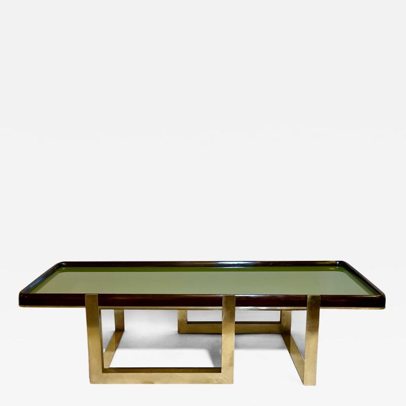 Late 20th Century Green Glass w Wooden Frame Brass Basement Coffee Table