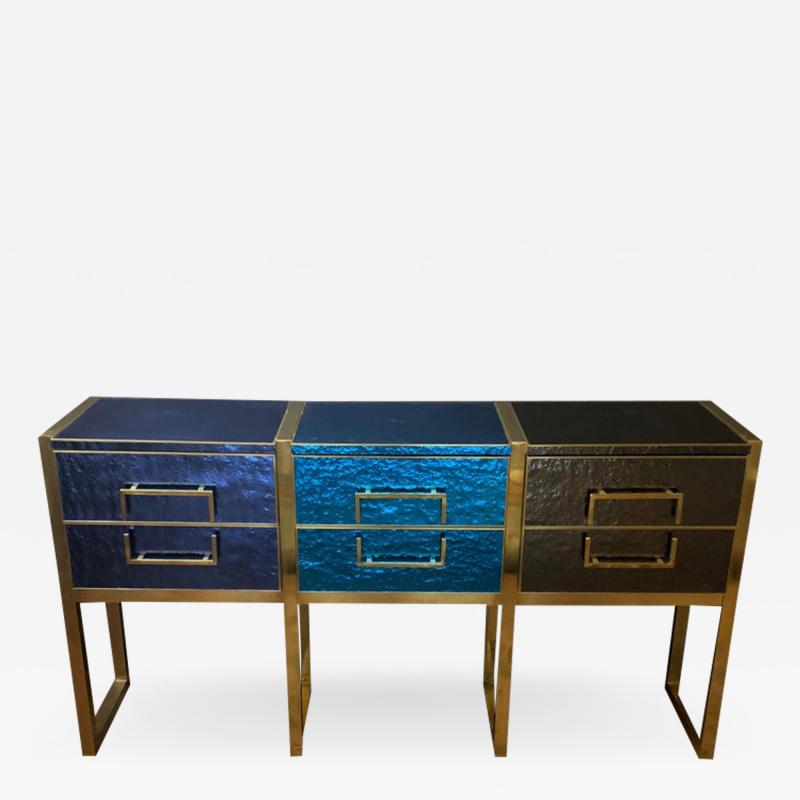 Late 20th Century Iridescent Blue Grey Murano Glass and Brass Console