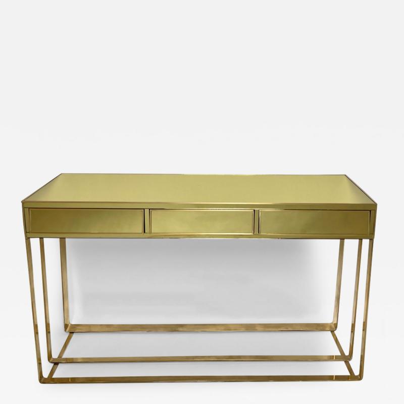 Late 20th Century Italian Brass Lemon Yellow Mirror Console w Three Drawers