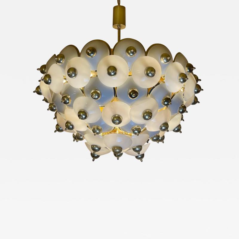 Late 20th Century Large Italian Studded Brass White Opaline Glass Chandelier