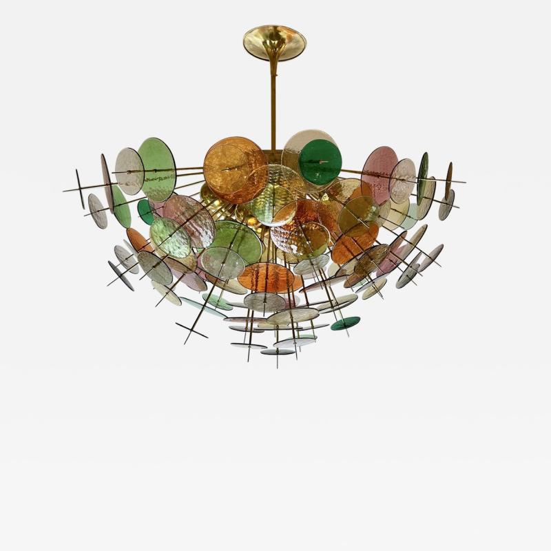 Late 20th Century Multicolored Murano Glass Disks Brass Sputnik Chandelier