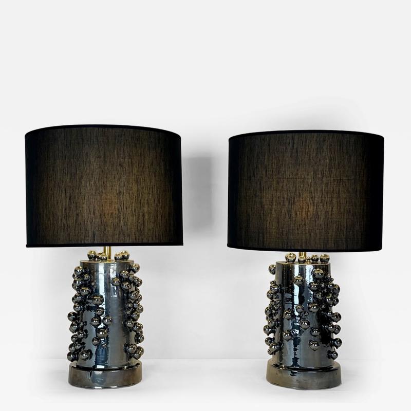 Late 20th Century Pair of Black Iridescent Earthenware Table Lamps w Shades