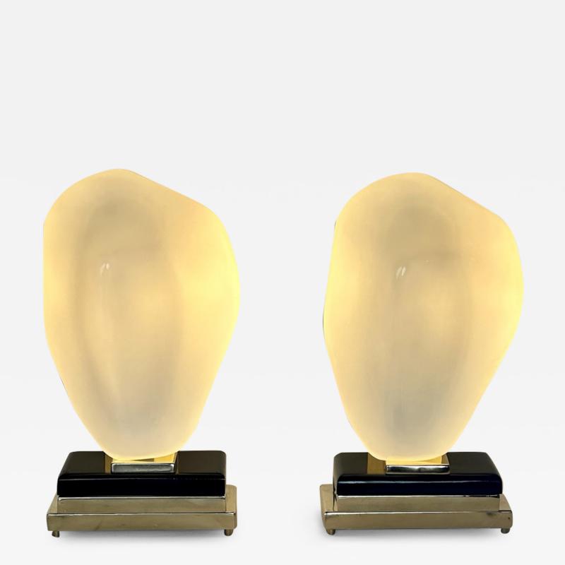 Late 20th Century Pair of Black Iron Brass White Murano Glass Table Lamps