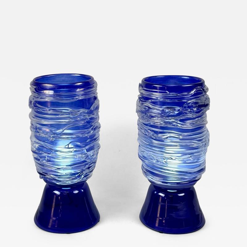 Late 20th Century Pair of Blu Murano Glass Table Lamps