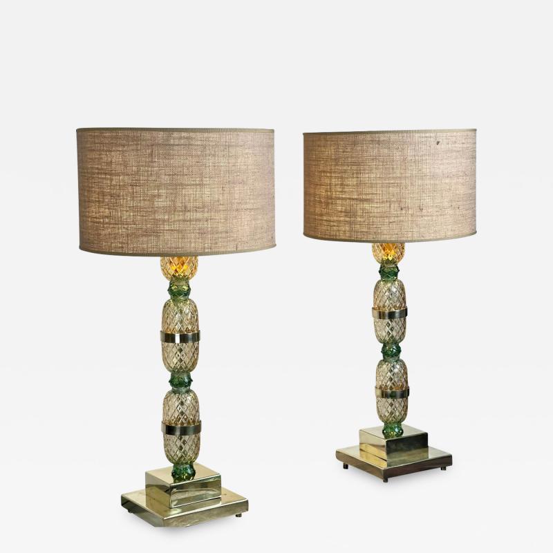 Late 20th Century Pair of Brass Green Glass Pineapple Table Lamps