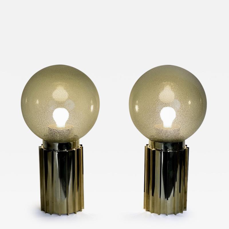 Late 20th Century Pair of Brass Smoked Pulegoso Murano Art Glass Table Lamps