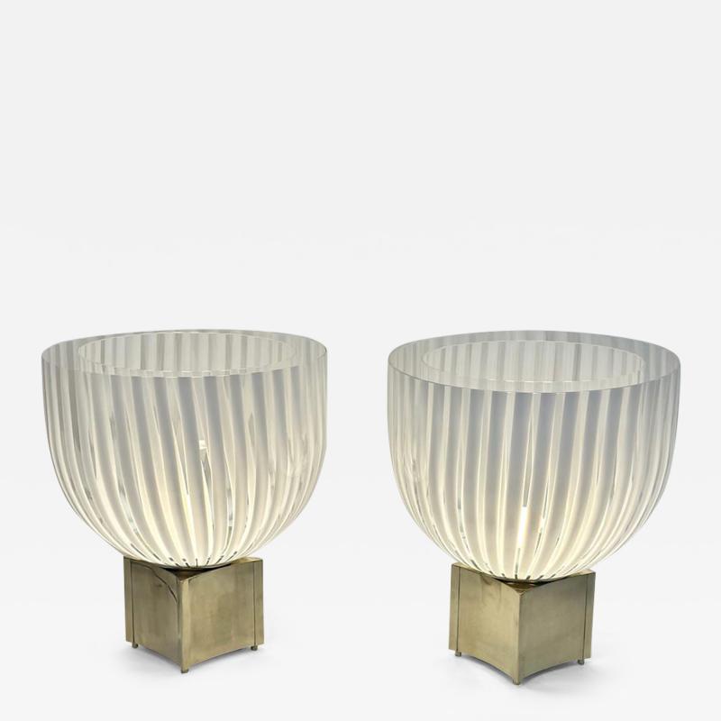 Late 20th Century Pair of Brass Striped White Murano Art Glass Table Lamps