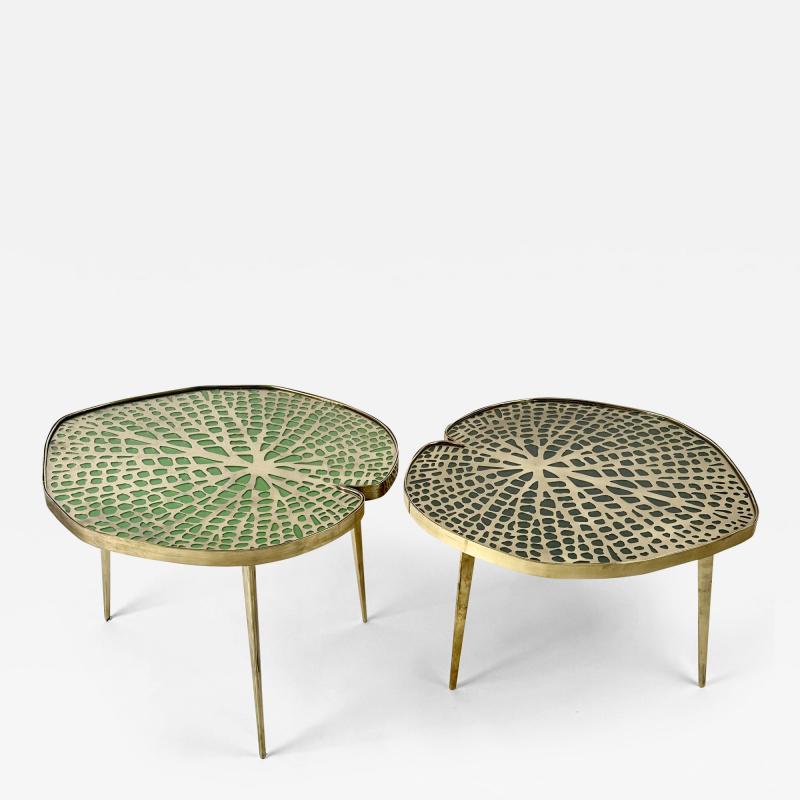 Late 20th Century Pair of Brass Transparent Glass Water Lilies Side Tables