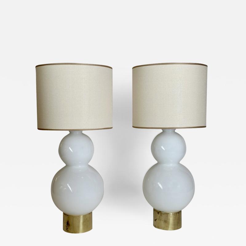 Late 20th Century Pair of Brass White Blown Glass Snowman Table Lamps