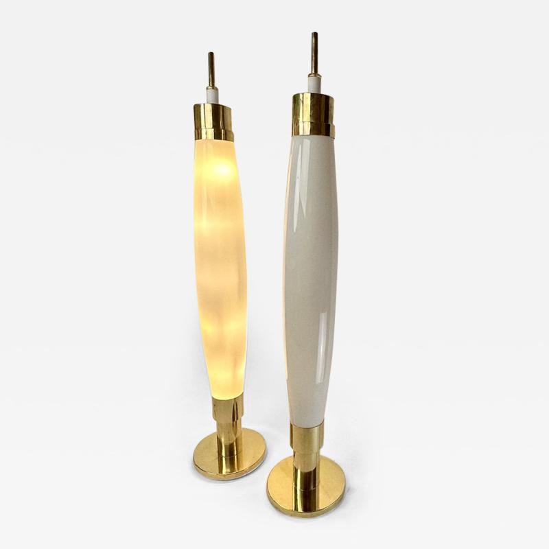Late 20th Century Pair of Brass White Murano Hand Blown Glass Floor Lamps
