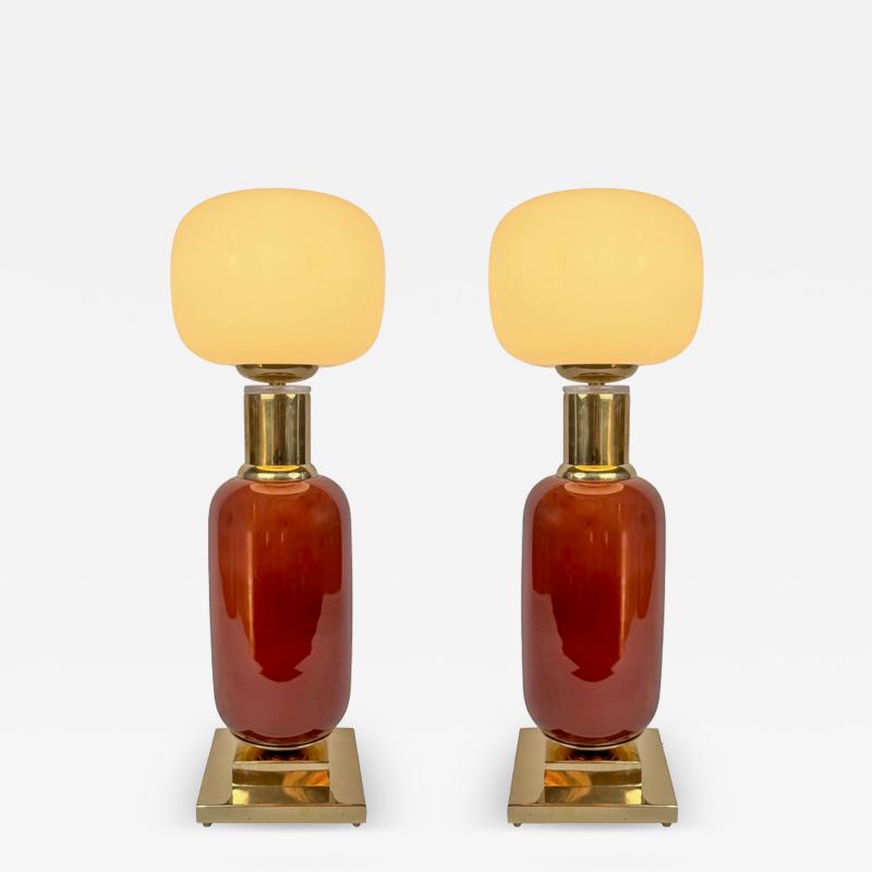 Late 20th Century Pair of Brass and Murano Glass Tall Table Lamps